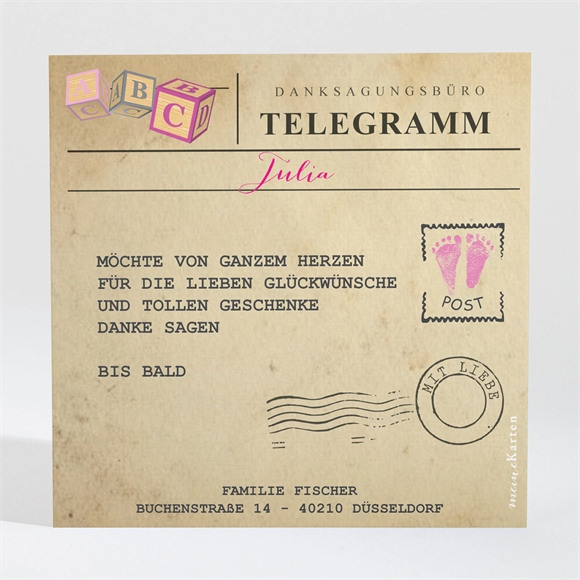 Dankeskarte Geburt Telegramm Mädchen ref.N300415