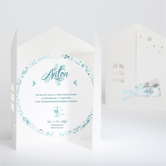 Einladungskarte Taufe Blumenhaus blau réf.N90019