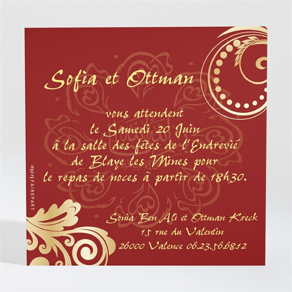 Carton d'invitation mariage Rouge et or réf.N300157