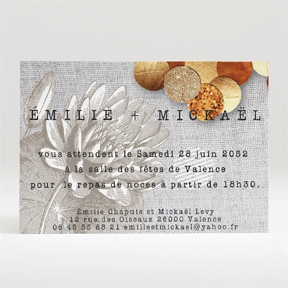 Carton d'invitation mariage Gravure et motifs original réf.N120216