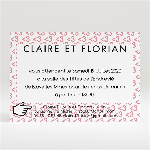 Carton d'invitation mariage Coeur et motifs rose réf.N120229
