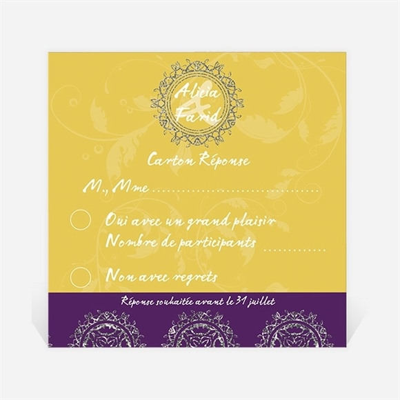 Carton réponse mariage Medaillon jaune et violet réf.N300310