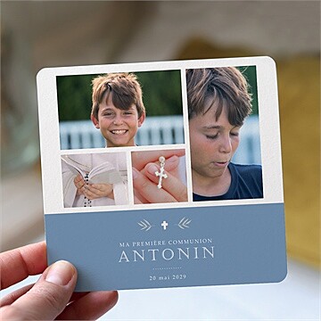 Faire-part communion bleu myosotis - argent