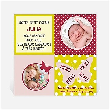 Remerciement naissance cadre papillon