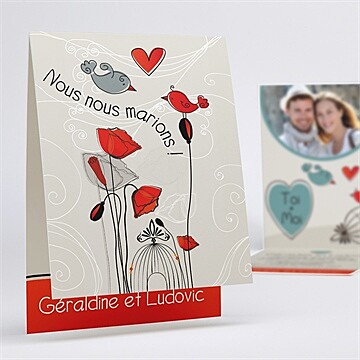 Faire-part mariage fleurs rouges et grises