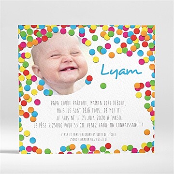Faire-part naissance cotillons multicolores - Dos du faire-part