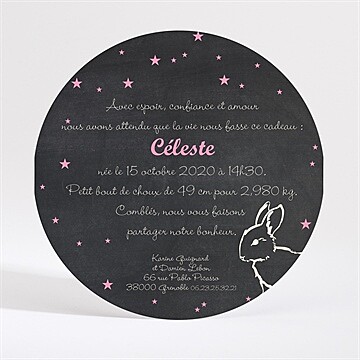Faire-part naissance petit lapin ardoise rond - Dos du faire-part