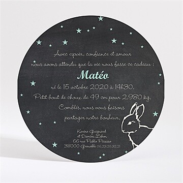Faire-part naissance petit lapin rond - Dos du faire-part