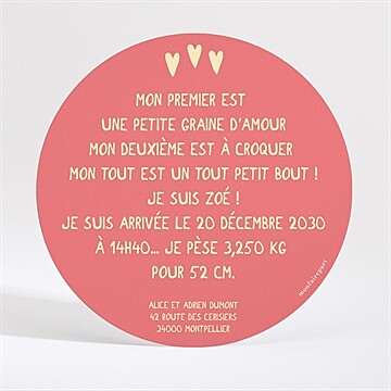 Faire-part naissance motifs coeurs en rond - Dos du faire-part