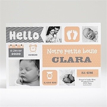 Faire-part naissance gris corail et illustrations