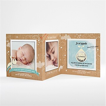 Faire-part naissance la cigogne en kraft garçon - Intérieur du faire-part gratté
