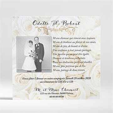 Invitation anniversaire de mariage lit de roses blanches - Dos du faire-part