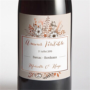 Etiquette de bouteille mariage fleurs cuivrées