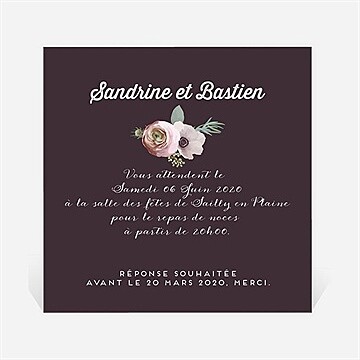 Carton d'invitation mariage couronne fleurs violettes