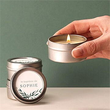 Bougie baptême jolie annonce champêtre argent - Bougie allumée