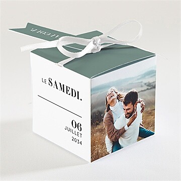 Boîte de dragées mariage annonce minimaliste - Dos de la boîte