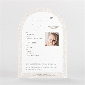 Faire-part naissance mon premier passeport arche - Dos du faire-part
