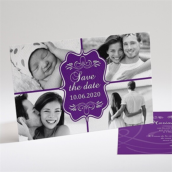 Faire-part mariage Médaillon violet et photos réf.N14120