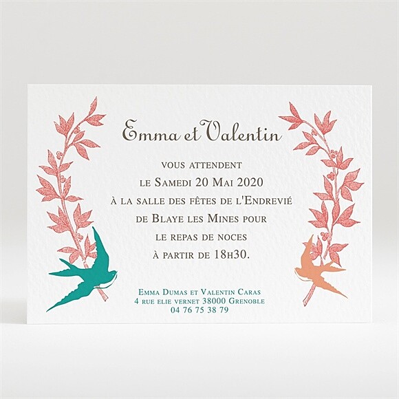 Carton d'invitation mariage Jolis Oiseaux Messagers réf.N120205