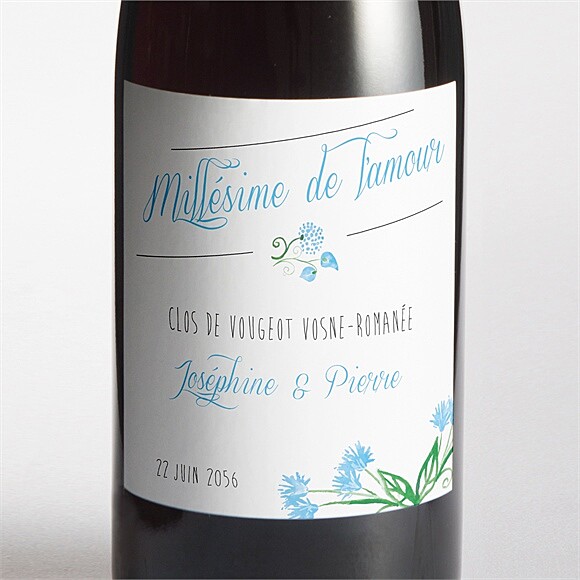Etiquette de bouteille mariage Fleurs bleues et vertes réf.N300928