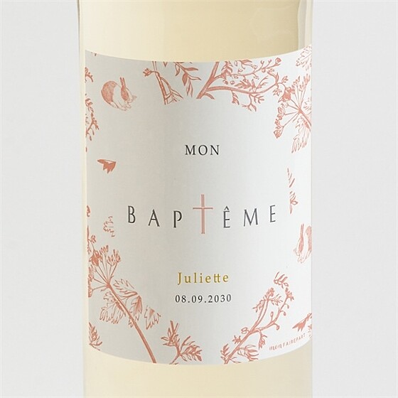 Etiquette de bouteille baptême motif gravure
