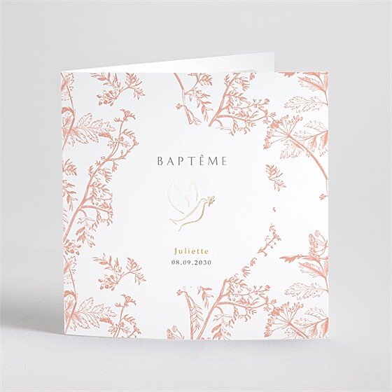 Faire-part de baptême gravure rosée dorure