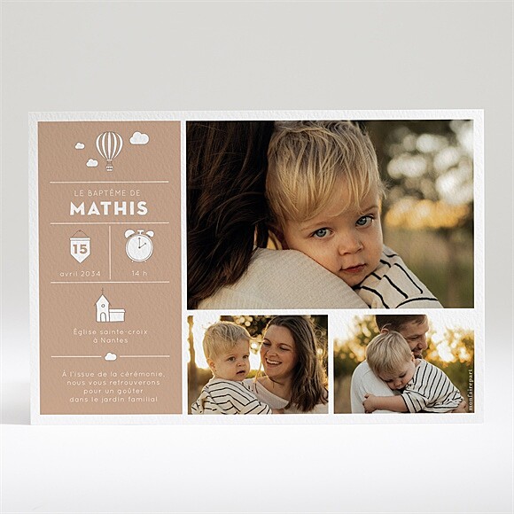 Faire-part de baptême Terracotta 3 photos réf.N14035